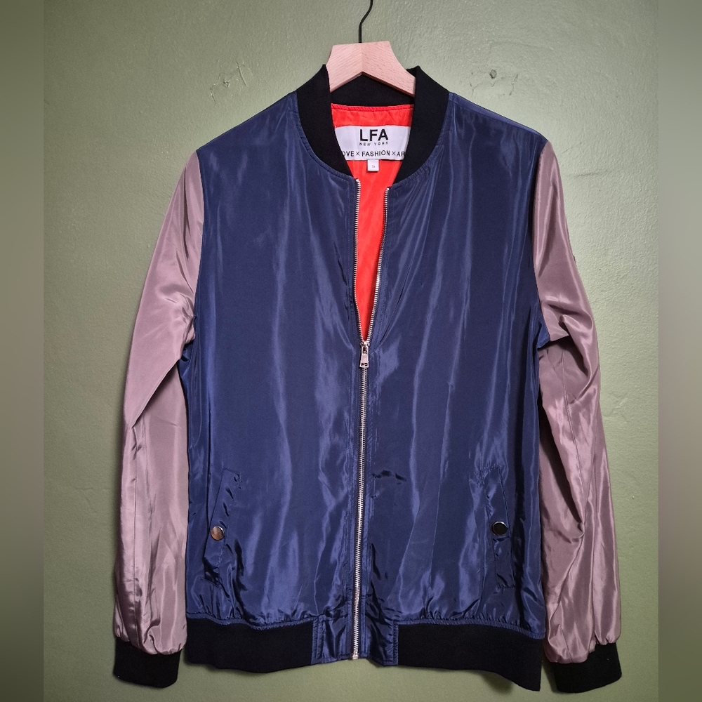 LFA New York Satin Bomber Jacket Blue Pink Colorblock Size S